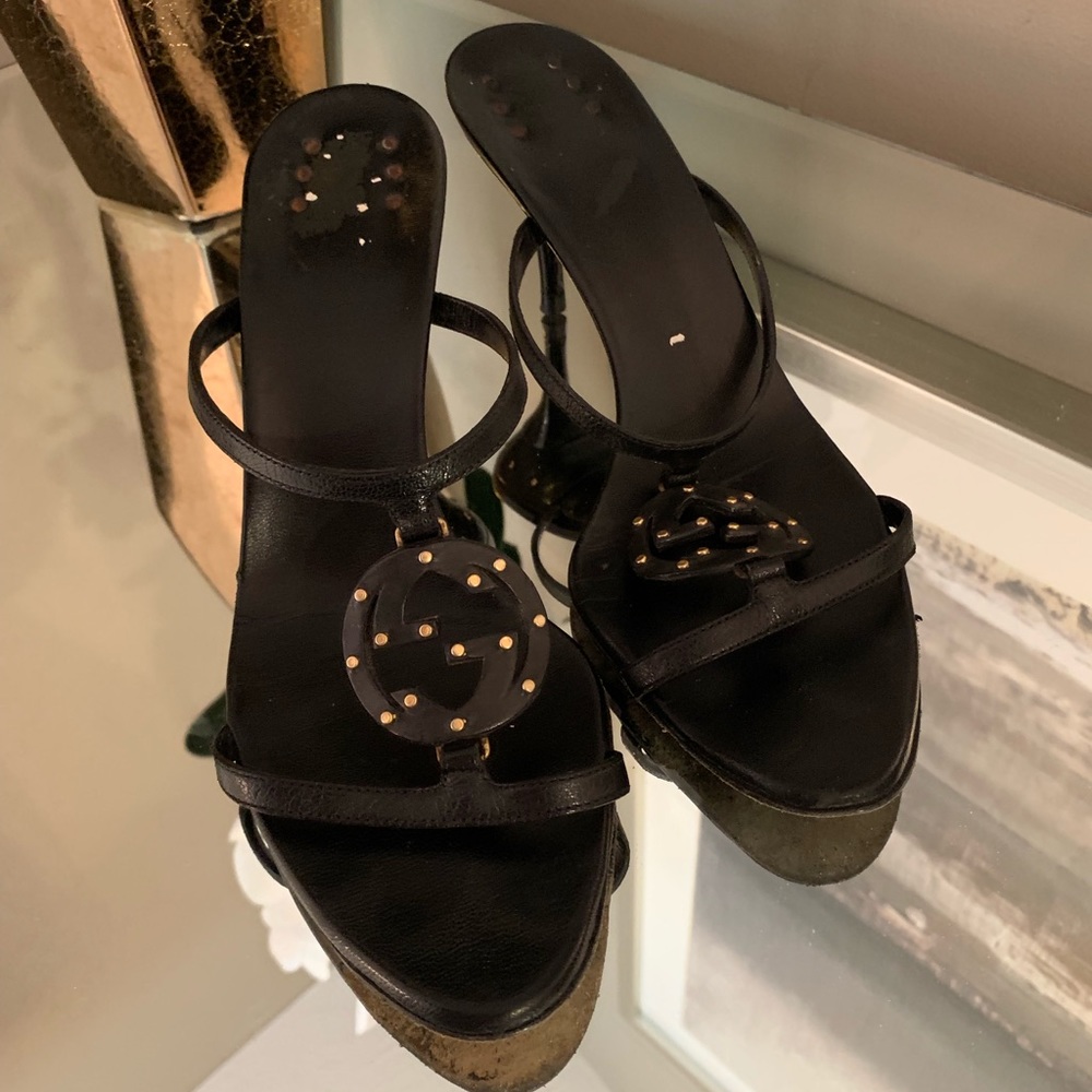 Gucci Black Sandals with Gold Accents